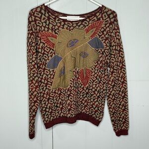 Janet Maffei Late 80s Early 90s Vintage Leopard Print Sweater with Flowers